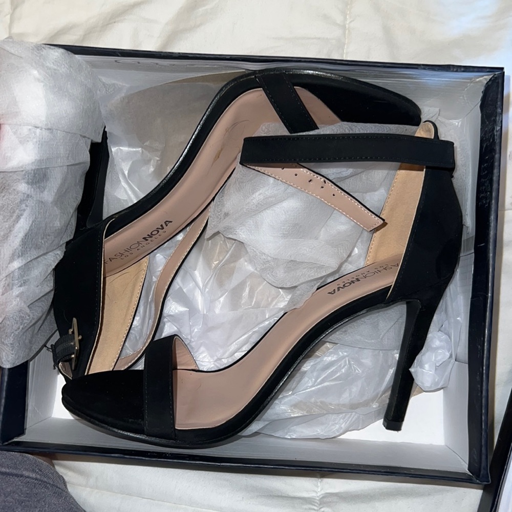 Black velvet strap heels